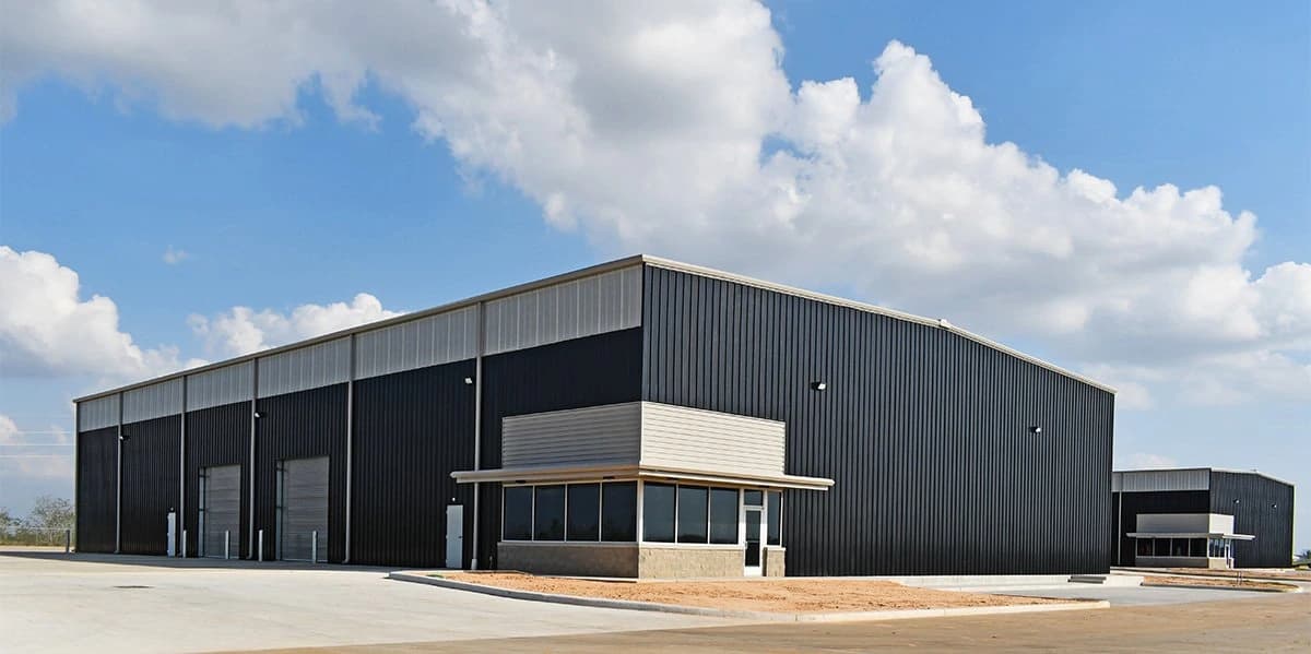 Industrial steel building interior with equipment