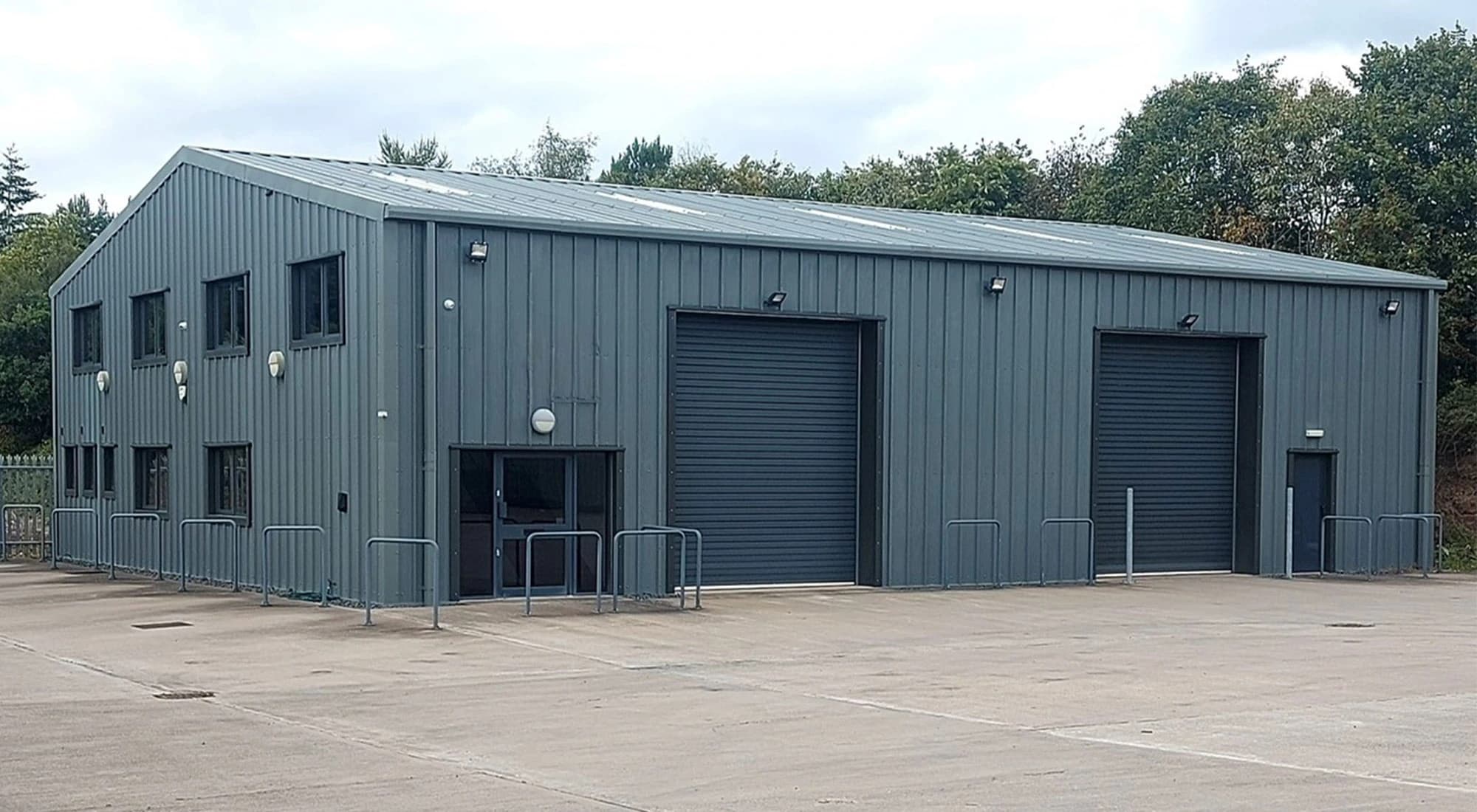 Industrial steel building interior with equipment
